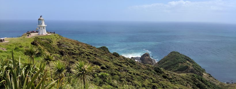 white lighthouse on a tropical landscape